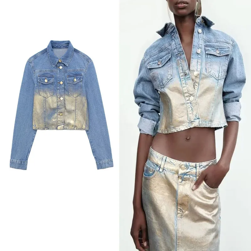 

TRAF Women Cropped Denim Jacket Blue Metallic Jeans Jackets Lapel Long Sleeves Denim Jacket+Metallic High Waist Midi Skirt Set