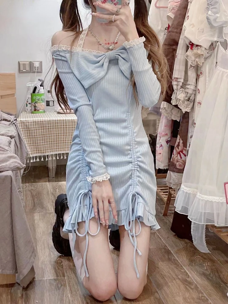 

Кружевное милое платье в стиле "Лолита", женское повседневное праздничное мини-платье в японском стиле с бантом, женское привлекательное синее платье принцессы в Корейском стиле, новинка 2022
