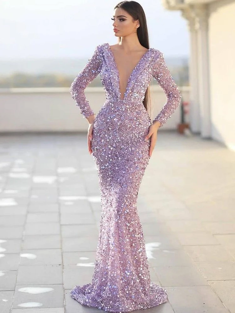 

New Ladies Mermaid V Neck Slim Long Sleeve Evening Dress Luxury Sequin Beaded Sexy Elegant Party Dress Formal Prom Dress
