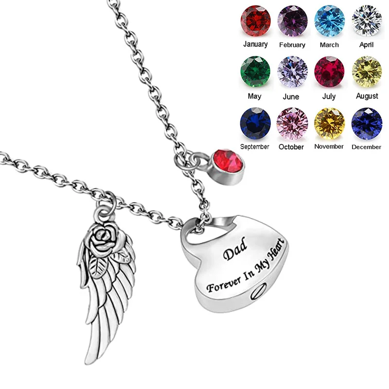 

Stainless Steel Heart Cremation Urn Necklace with Angel Wing and Birthstones Ashes Jewelry Memorial Pendant- Forever in My Heart