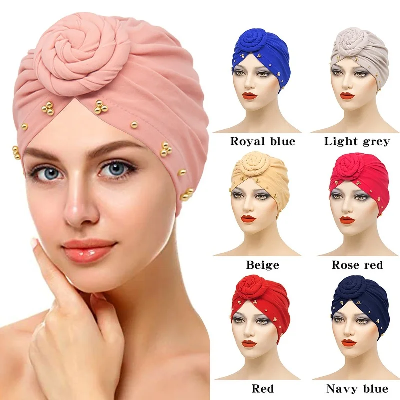 

KepaHoo New Indian Arab Women's Turban Cap Pure Color Pearl Fashion Turban Cap Bohemian Ethnic Inner Turban Cap Muslim Headwear
