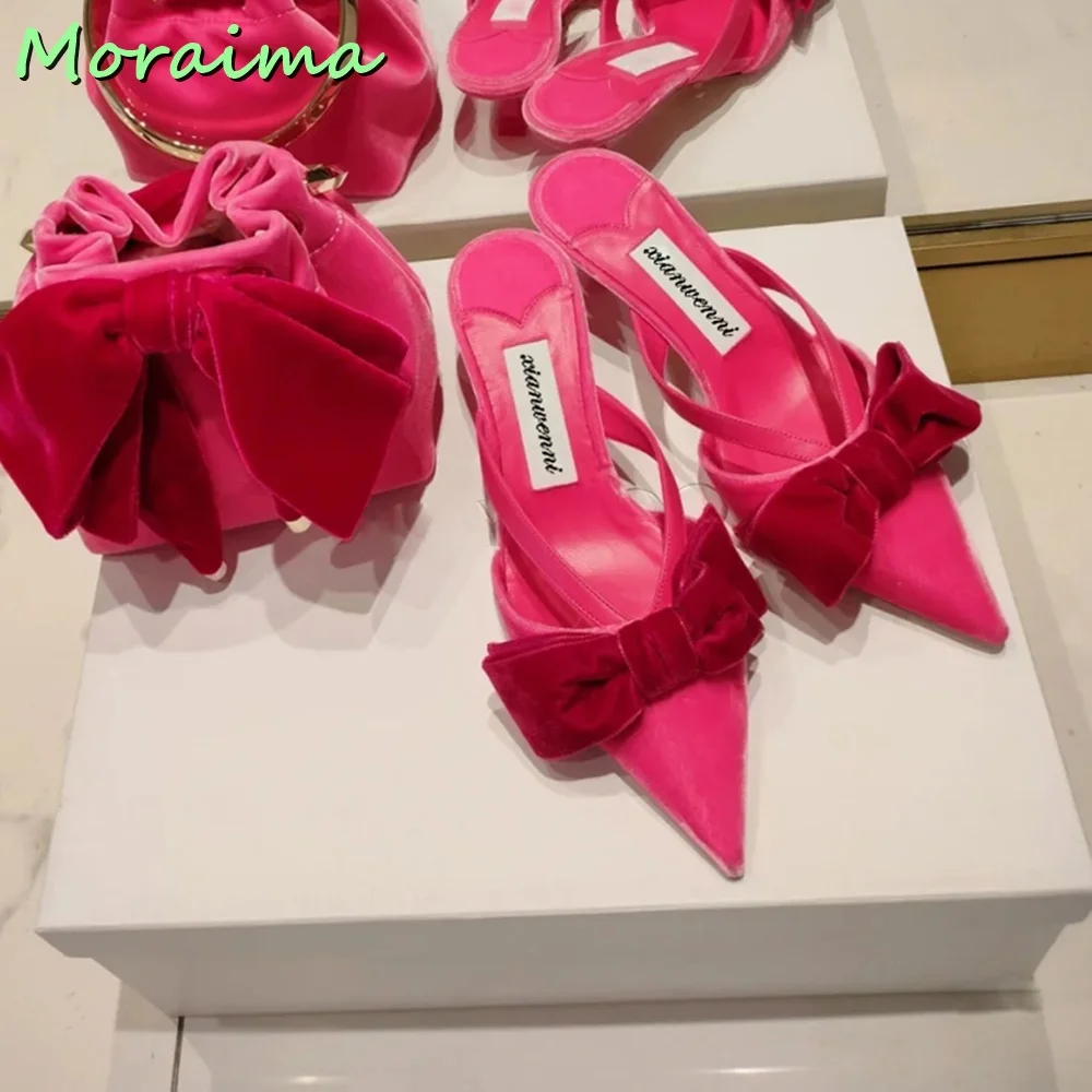 Rosy Red Velvet Butterfly Knot Slides Designer Women Pointed Toe Satin Mesh Slippers Summer Sexy Thin Mid Heel New Arrival 2023