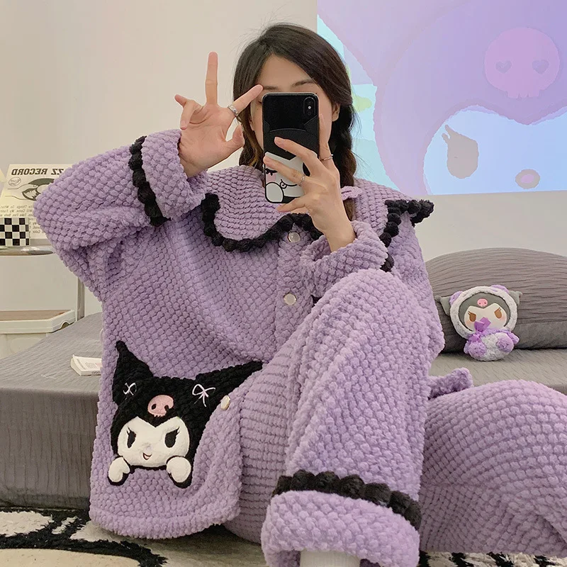 

Женская бархатная Пижама кораллового цвета, Новая Женская осенне-зимняя утепленная одежда с милым мультяшным рисунком, можно носить, домашняя одежда