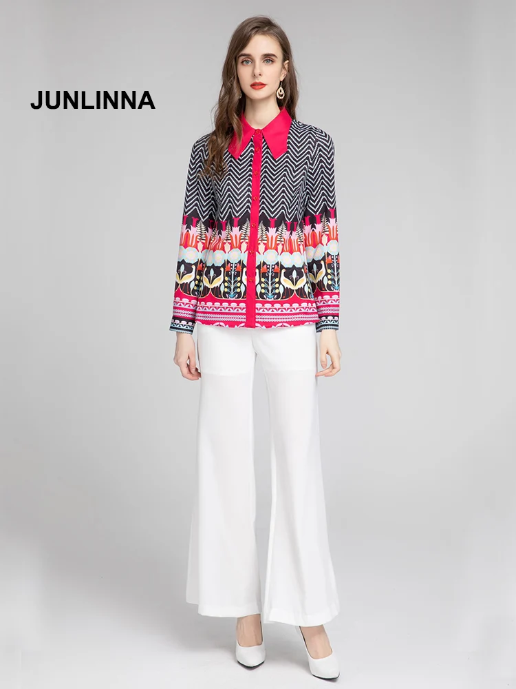 

JUNLINNA Fashionable Women Two Piece Set Spring Autumn Printed Shirt+Pure Colour Trouses 2 Pieces Pants