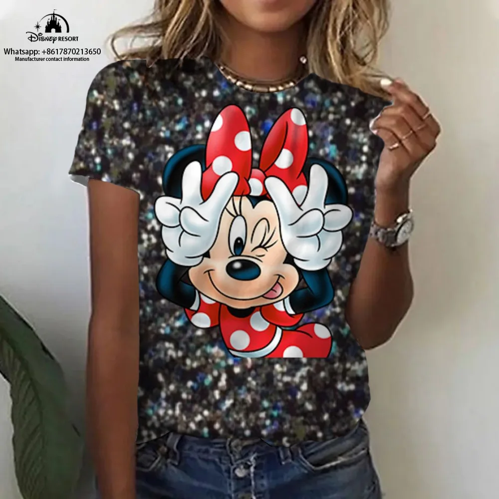 

2023 Summer New Disney Mickey and Minnie Anime Harajuku Women's Fashion Sexy Casual Round Neck Short Sleeve Top T-Shirt Y2K