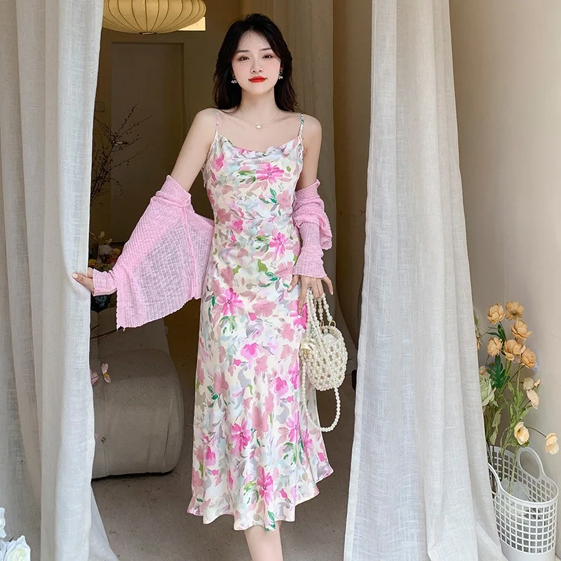 

Women French Elegant Sling Dress Satin Print Floral Flower Midi Dress 2022 Summer New Female Seaside Holiday Beach Dress