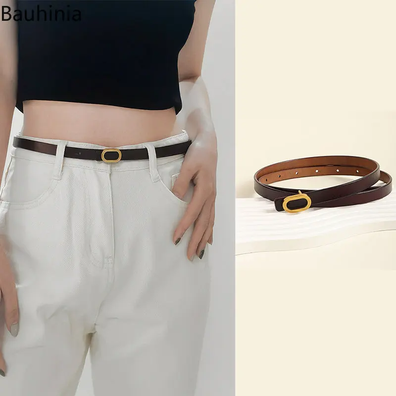 Bauhinia Gold Buckle Cow Leather Belt Adjustable Belt Summer Female Jeans Dress Thin Waistband 1.5cm