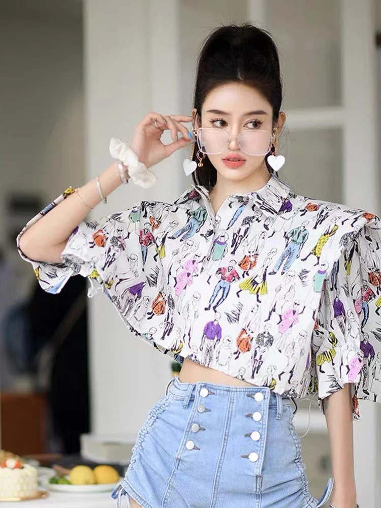 

Korean Summer Print Colorblock Shirt For Women Lapel Short Sleeve Casual Loose Blouses Female Clothing New 2022 Fashion