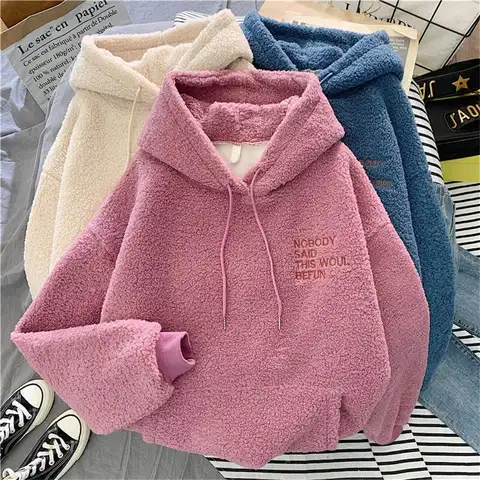 1pcs Women Autumn Winter Hoodies Plus Velvet Thick Lamb Velvet Sweatshirts Kawaii Trendy Student Loose Coat Head Outerwear