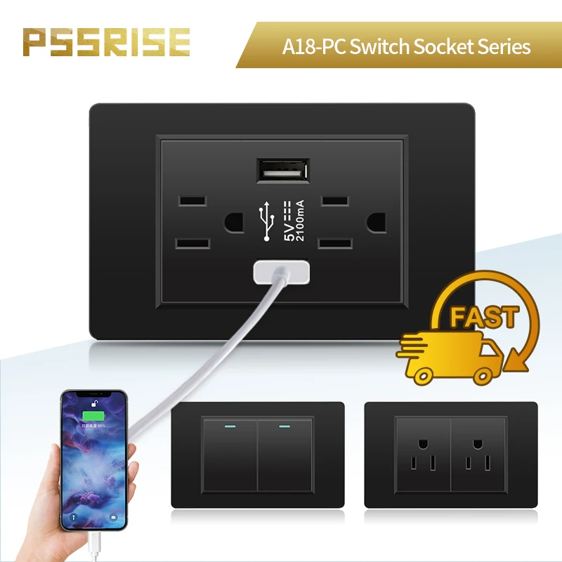 

PSSRISE US Standard Wall Switch Socket Black PC Panel DIY Multifunctional Switch Power Outlet USB Combination 118mm*72mm