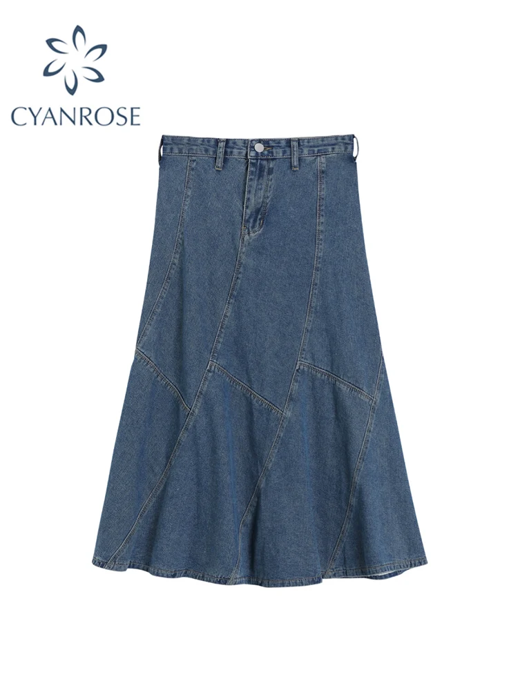 

Женская винтажная юбка-трапеция, свободная Повседневная Длинная джинсовая юбка с завышенной талией в Корейском стиле, подходящая ко всему