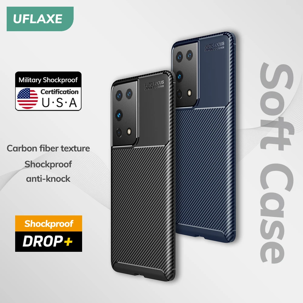 UFLAXE Original Shockproof Soft Silicone Case for Samsung Galaxy S20 S21 Ultra Plus S21 S20 FE 5G Carbon Fiber Back Cover Casing