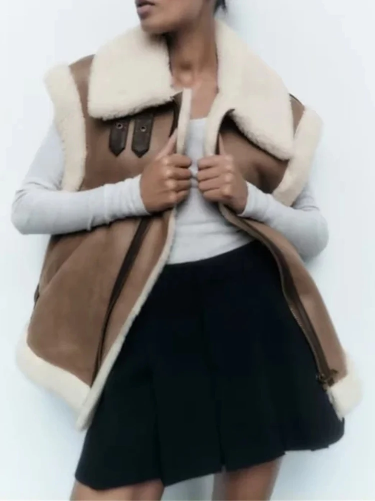 

Vintage Women Vest Autumn Winter Fashion Splice Sleeveless Jackets Warm Thick Zipper Waistcoat Coat Female Outwear Tops Chaqueta