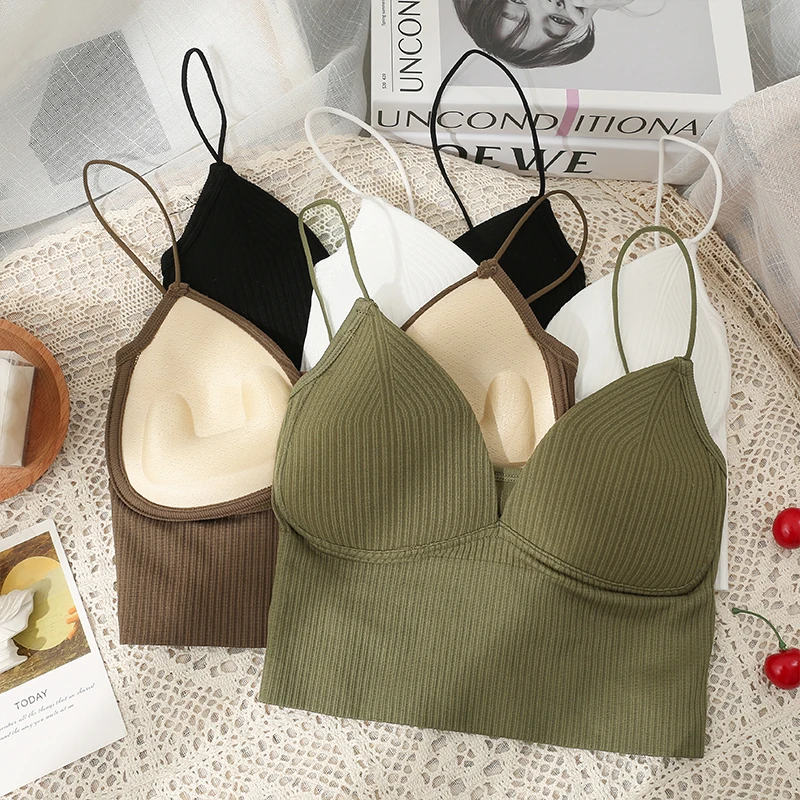 

Knitted Binder Chest Woman Tank Tops Spaghetti Strap Corset Crop Camis With Built in Bras Korean Fashion Woman Tanks Camisole