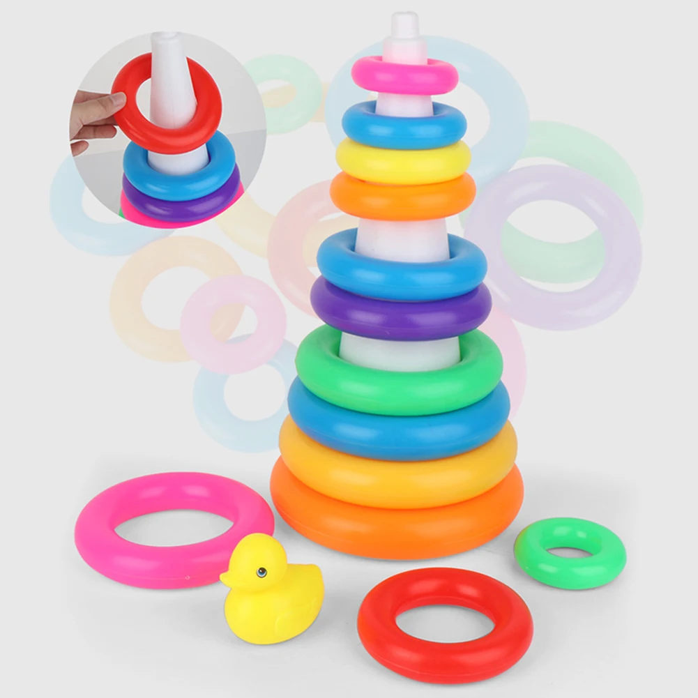 

Intelligent Rainbow Childrens Little Yellow Duck Jenga Rainbow Tower Stacking Color Cognition Pyramid Toy