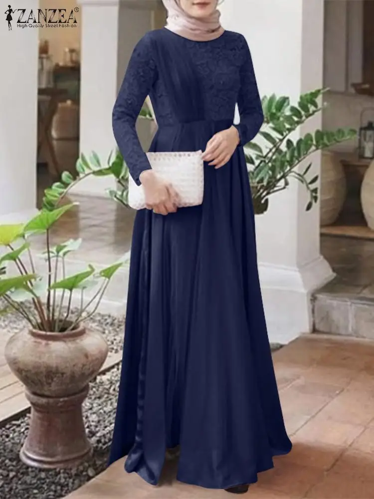 

ZANZEA Muslim Floral Printing Women Dress O-Neck Full Sleeved Lace Loose Robe Femme Casual Elegant Kaftan Abayas Islamic Clothes