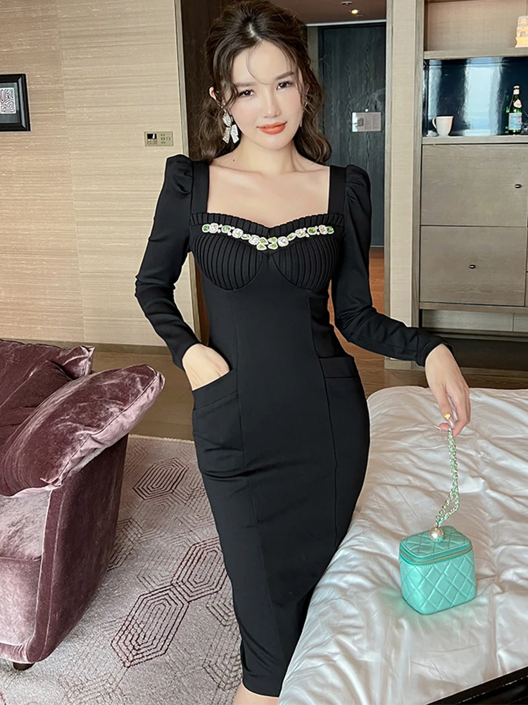 

2022 New Autumn Midi Dresses Party Office Outfits for Women Black Diamonds Puff Sleeve Pockets Skinny Dress Elegant Robe Vestido