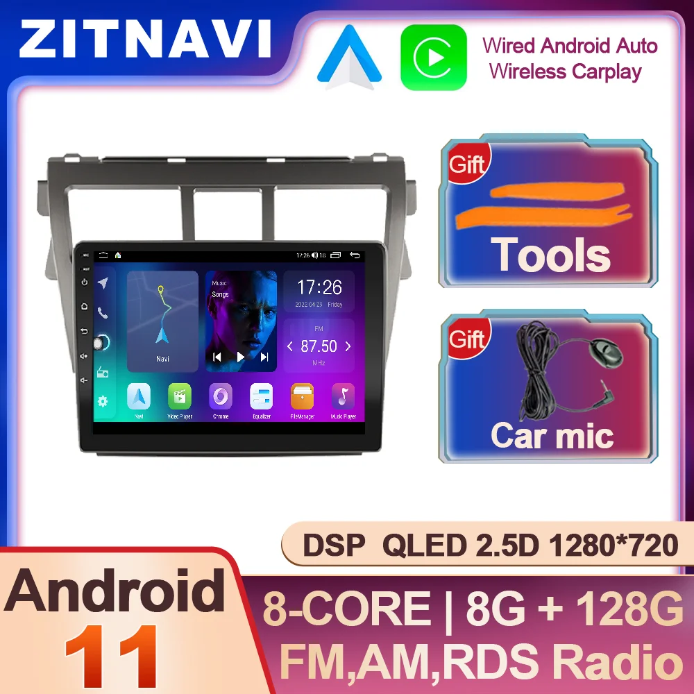 

9 дюймов Android 11 для Toyota Vios 2 Yaris 2007 - 2013 автомобильное радио 4G LTE навигация GPS мультимедийный плеер беспроводной Carplay Авто BT