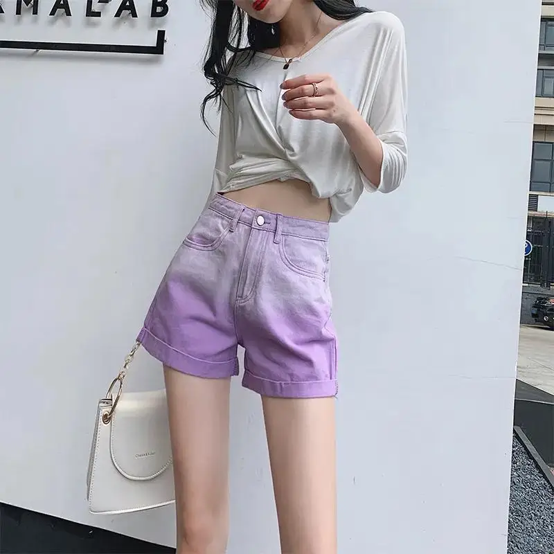 Women's Denim Shorts Tie Dye Jeans Mini Cute Pink Short Pants for Woman To Wear Kawaii Offer Free Shipping Outdoor Aesthetic Hot