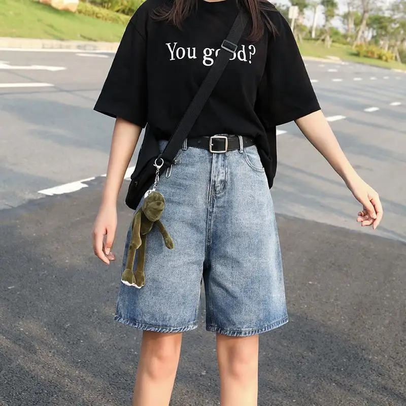 

Женские джинсовые шорты-бермуды Y2K, Длинные повседневные велосипедные шорты с завышенной талией, широкие мешковатые шорты в Корейском стил...