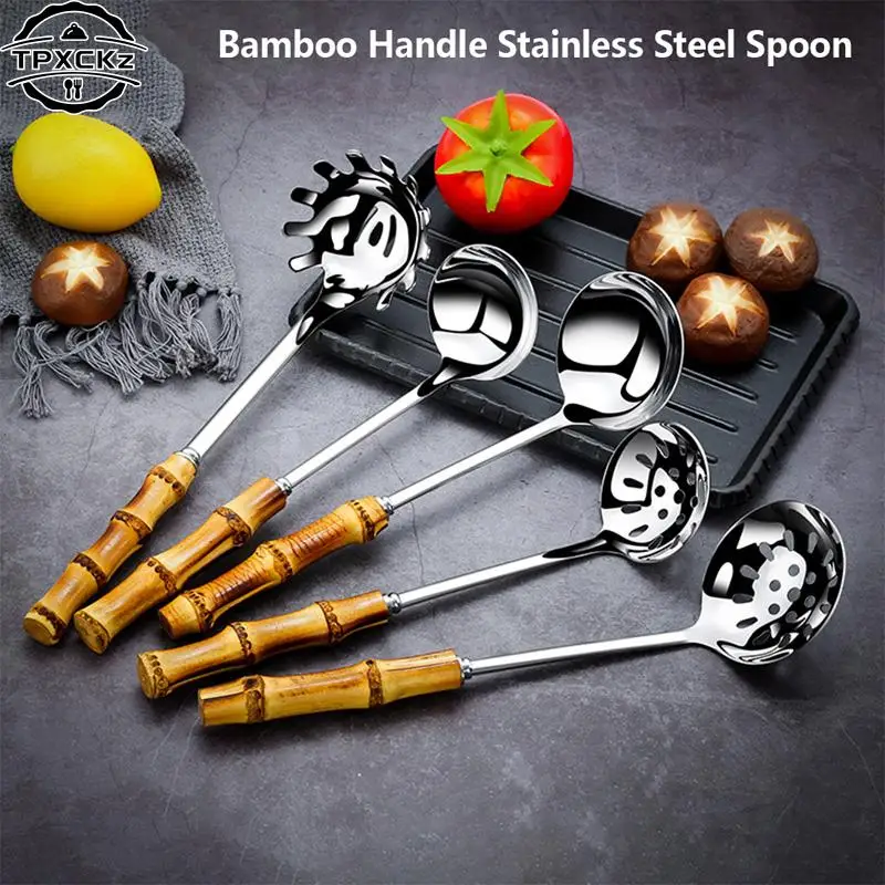

Metal Colander Stainless Steel Spoon Noodle Spoon Colander Bamboo Handle Practical Pasta Tools Soup Scoop Kitchen Accessories