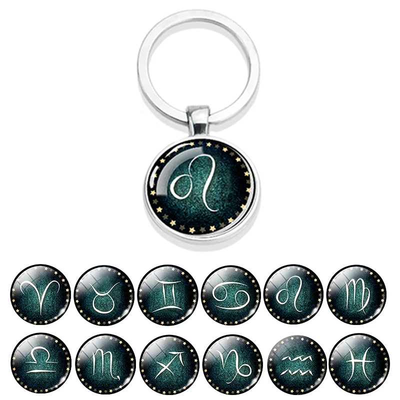 

12 Constellations Keychain Glass Cabochon Pendant Zodiac Sign Jewelry Leo Virgo Libra Scorpio Double Side Key Chain