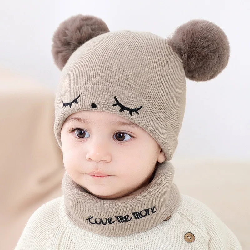 

Beanies Baby Hat Pompon Winter Children Winter Pompon Hat Scarf Set Girls Boys Solid Color Knitted Cute Cap Casual Beanies