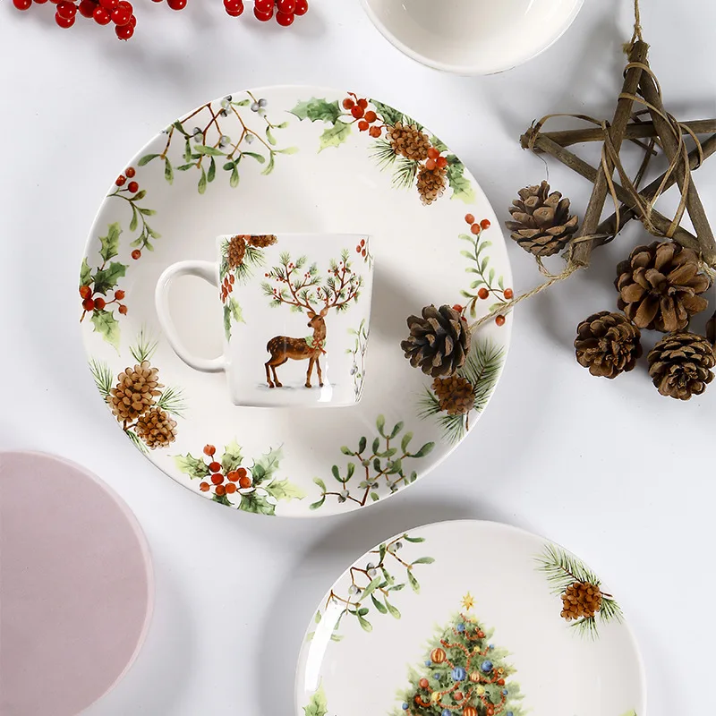 

European Christmas Dinner Plate Creative Ceramic Steak Pasta Dish Home Underglaze Color Dinnerware Bowl Microwave Dishwasher Sa