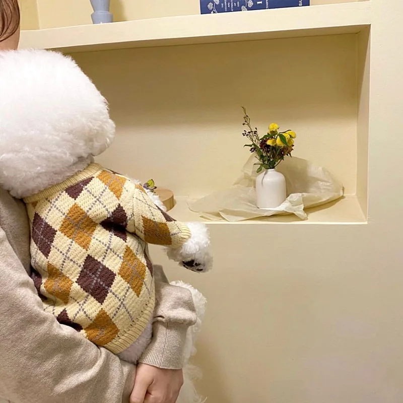 Фото Свитер в клетку для собак, зимняя одежда для собак, хлопковое вязаное пальто для котенка, щенка, чихуахуа, бишон, товары для домашних животных, роскошный костюм для собаки, пуловер №2