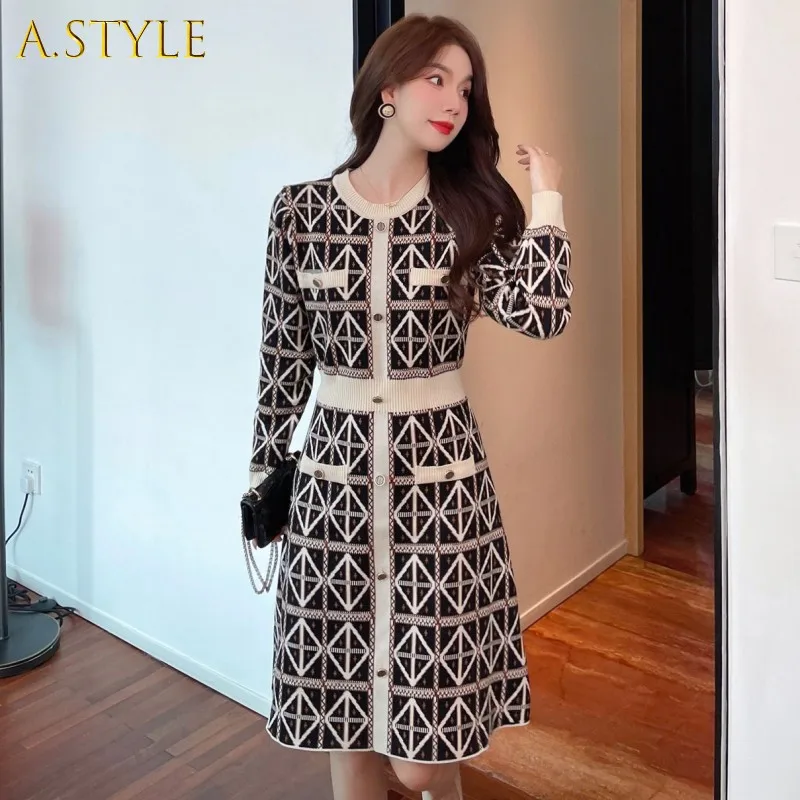 

Runway Fall Winter Women's French Stripe Plaid Long Sleeve Knitted Vintage Sweater All Match Luxury Elegant Dress Ropa De Mujer
