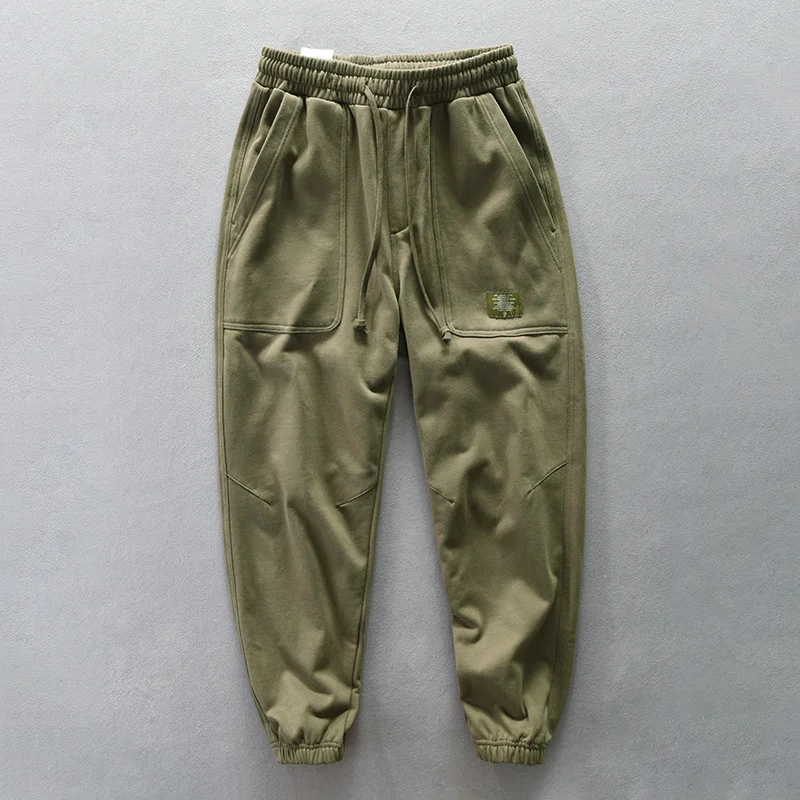 

2022 Autumn Winter New Men's Fleece Casual Wide Leg Sweatpants Cotton Drawstring Multi Pocket Fashion Army Green Pants AZ608