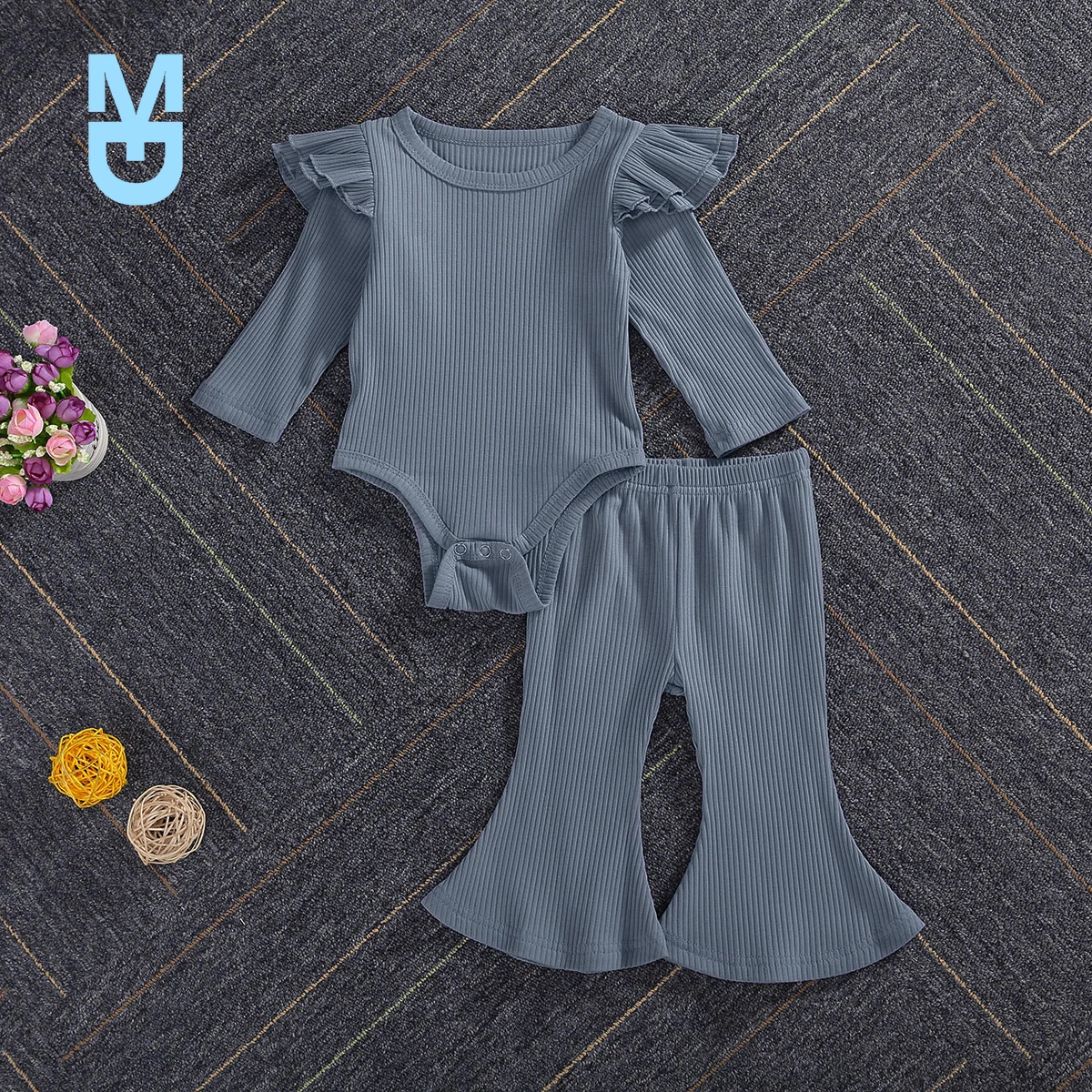 

New Infant Baby Girls 2PCS Romper Solid Ruffle Long Sleeve Round Neck Button Closure Romper, Elastic Band Bell-Bottom Long Pants