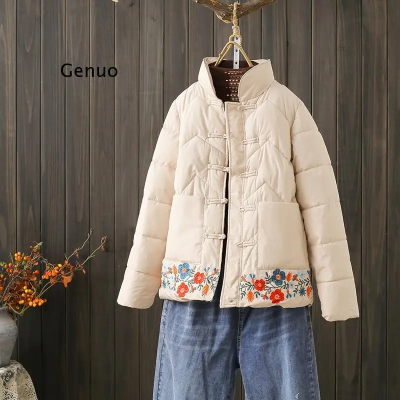Women Chinese Style Stand Parkas Embroidery Button Cotton Linen Coats 2022 Winter Vintage Female Clothes Casual Coats 31479