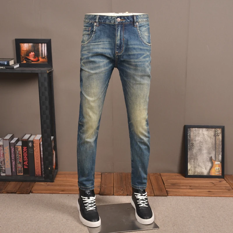 Autumn Men Retro Blue Jeans Streetwear Slim Fit Straight Pants Korean Style Vintage Scratched Denim Trousers CP2031