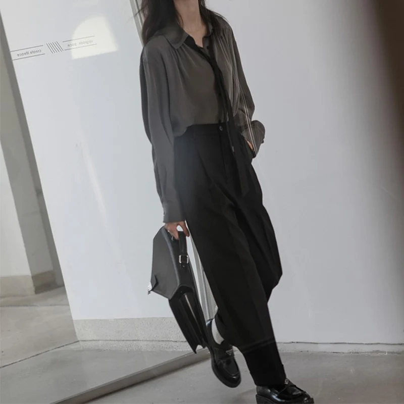 Женская рубашка на пуговицах однотонная блузка в Корейском стиле с длинным