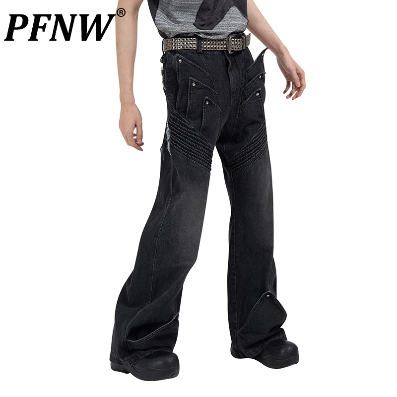 

PFNW Spring Autumn Men's Fashion Tassels Rough Selvedge Jeans Punk Pioneer Patchwork Loose Straight Design Denim Pants 28A0137