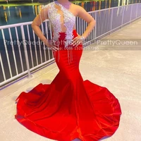 Transparent Single Long Sleeves Prom Dresses With Tassel Appliques Mermaid One Shoulder Court Train Red Carpet Celebrity Dress