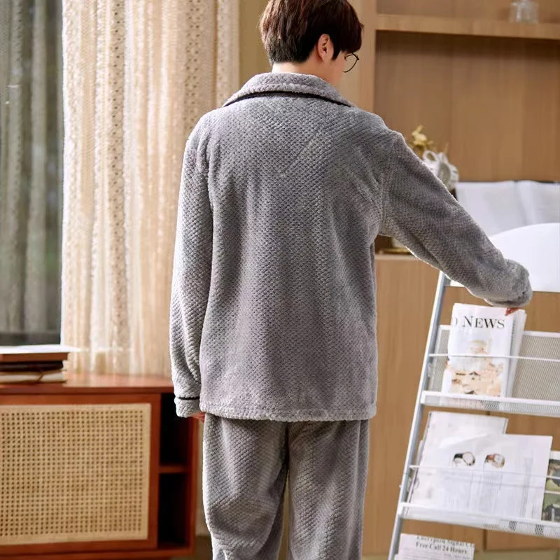 Flannel Pajama Sets For Men Turn-Down Collar Homewear Pyjamas Thicken Warm Coral Fleece 2Pcs/Set Tops + Pants Lounge Sleepwear