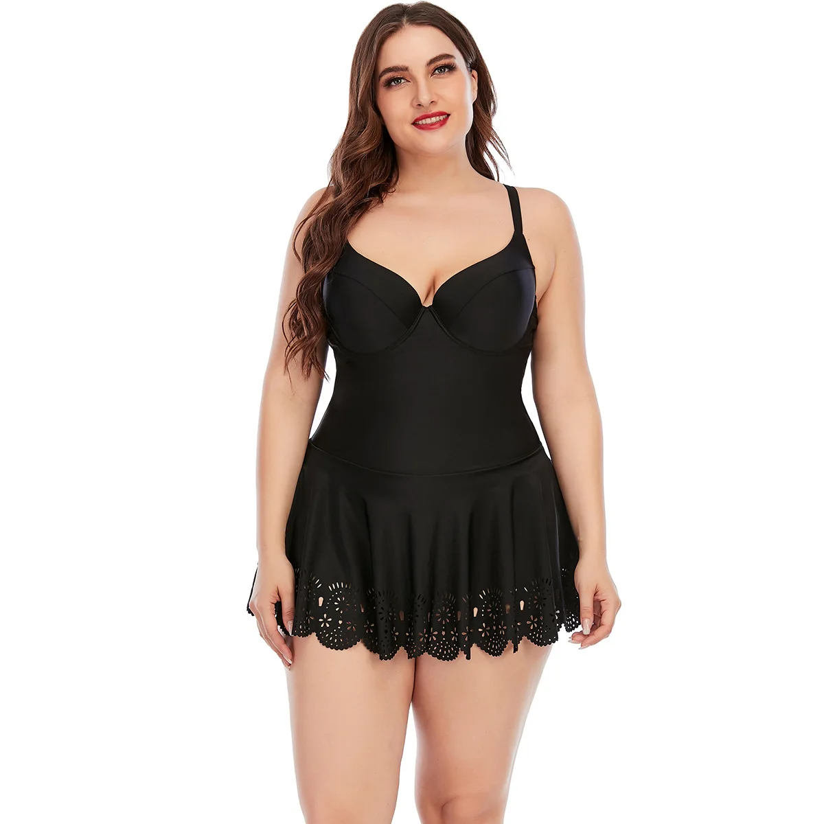

Plus Size Swimwear Women Tankini Solid Black Halter Push Up Padded Underwire One Piece Suit Beach Bathing Suit Skirt Swimsuits