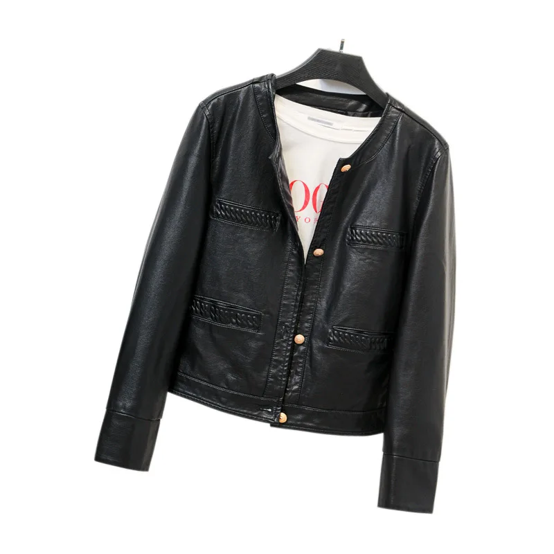2023 new women's single breasted round neck leather jacket motorcycle short leather jacket small coat