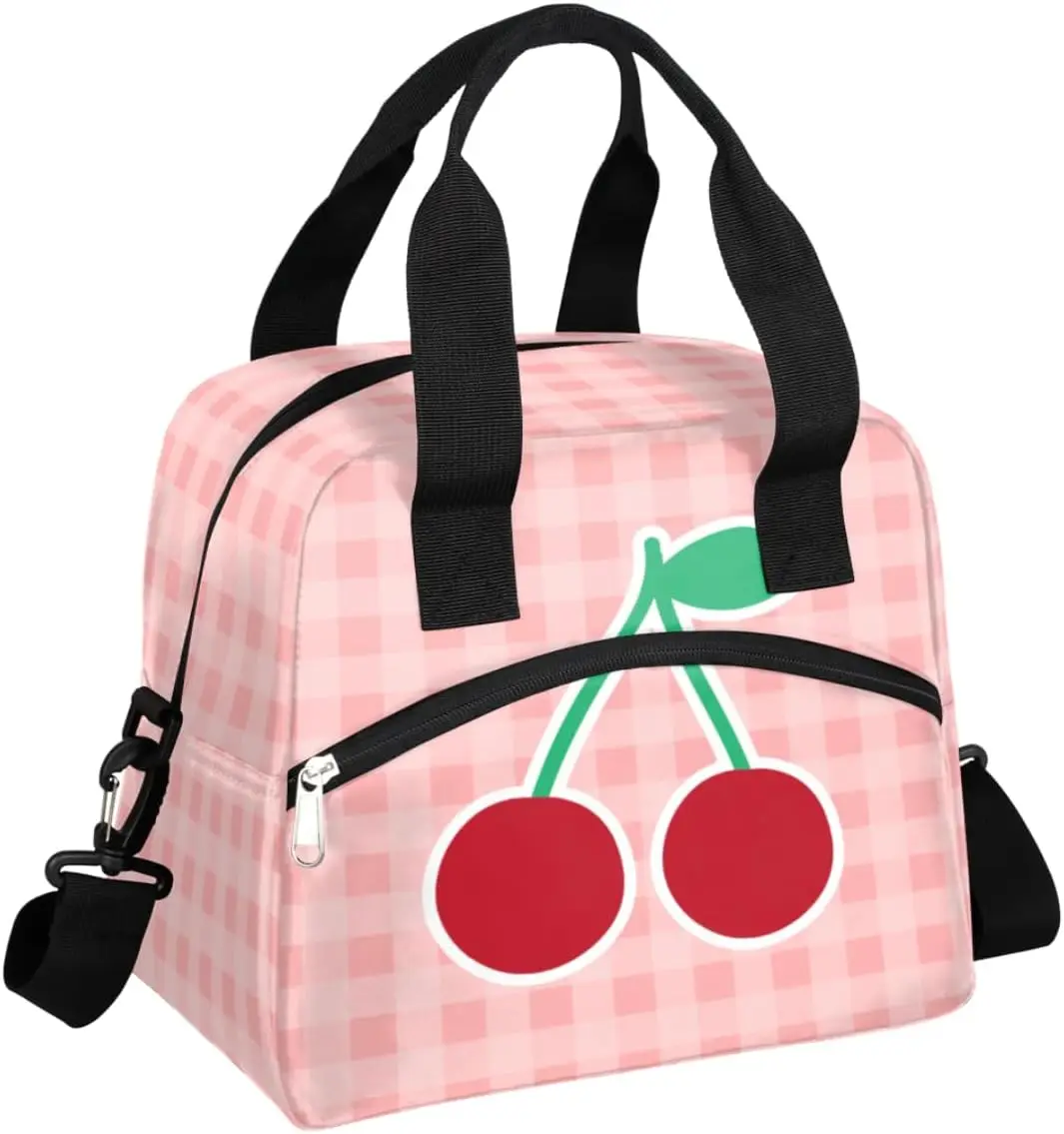 

Pink Check Cherry Print Insulated Lunch Bag with Detachable Shoulder Strap & Carry Handle Reusable Eco-friendly Cooler