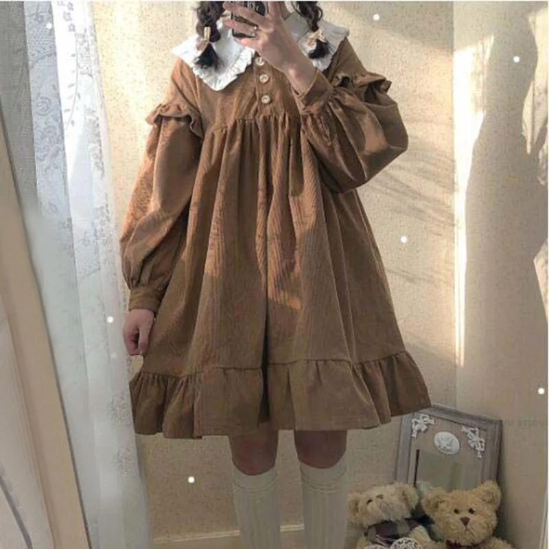 

Kawaii Girl's Dress Autumn Sweet Lolita Dress Brown Patchwork Long Puff Sleeve Pan Collar Tea Party Cute Loose Dress