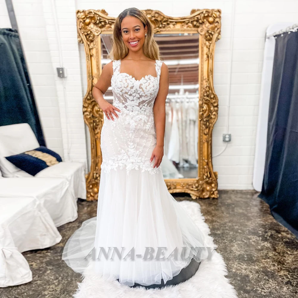 

Anna Sweetheart Tank Wedding Gown For Bride Classic Appliques Mermaid Sleeveless Illusion Court Train Tulle Vestido De Casamento