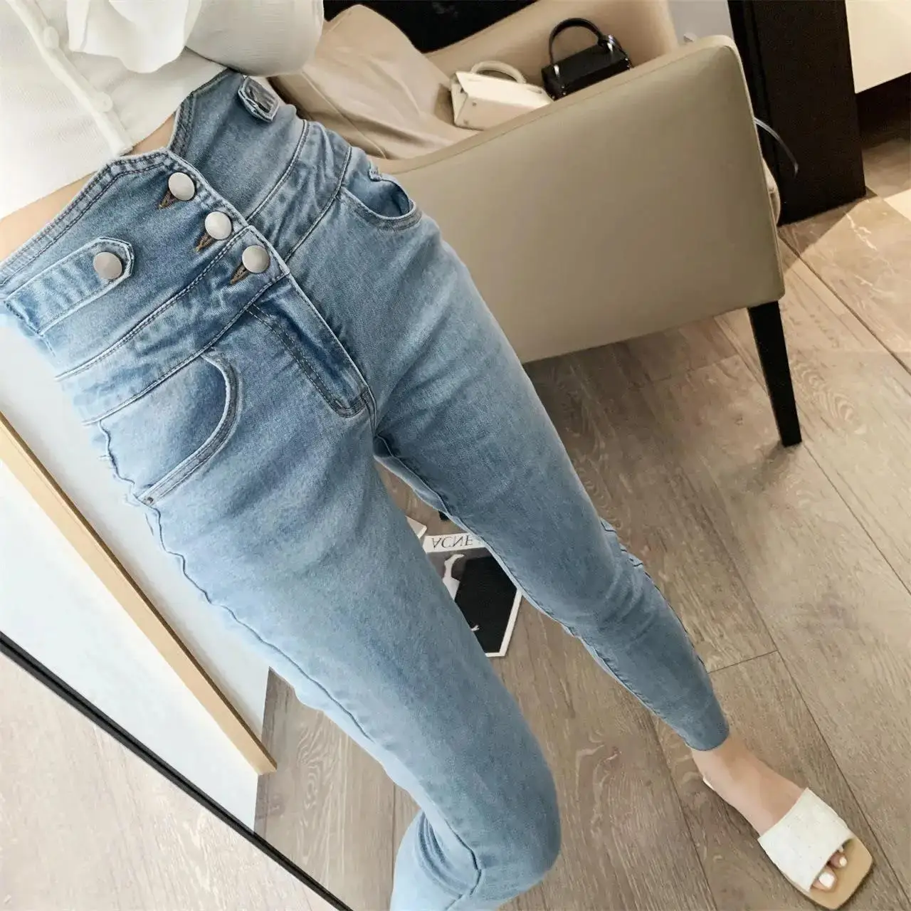 2022 Spring Wemen High Street Style High-Waisted Flared Trousers Thighs Personality Sexy Show Legs Long Female Pants C06 images - 6