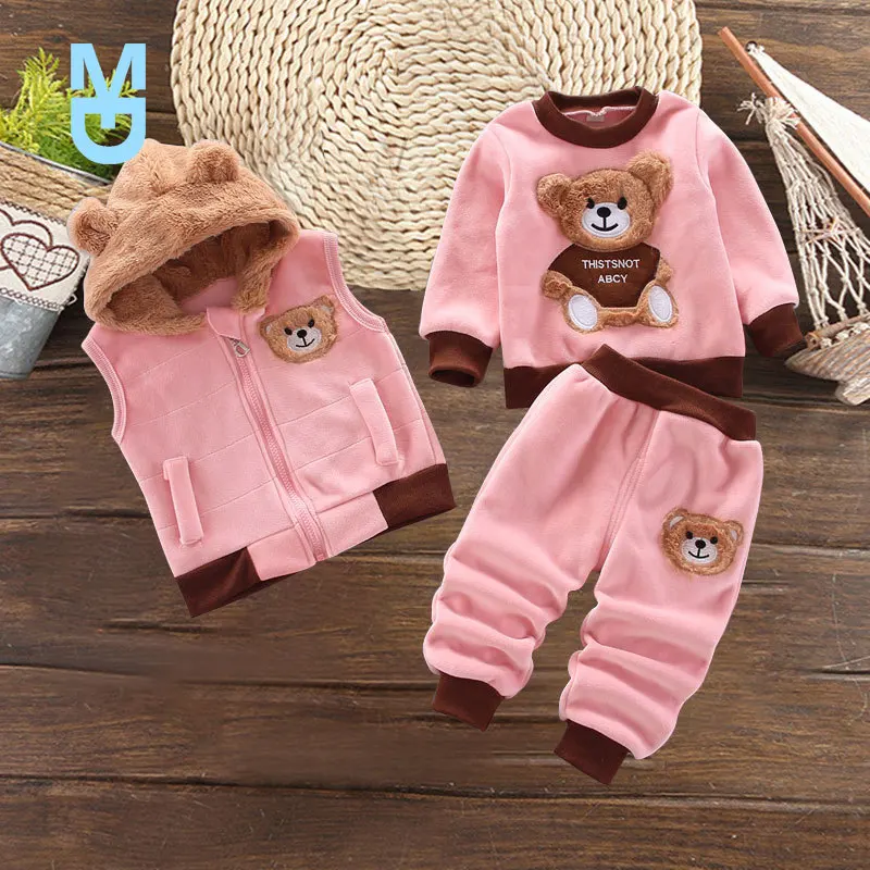 

New Children's Clothing Winter Suit 1 2 3 4 Years Toddler Boy Girl Fashion Fleece Thick Warm 3PCS Set Vest Hooded Tops Pants