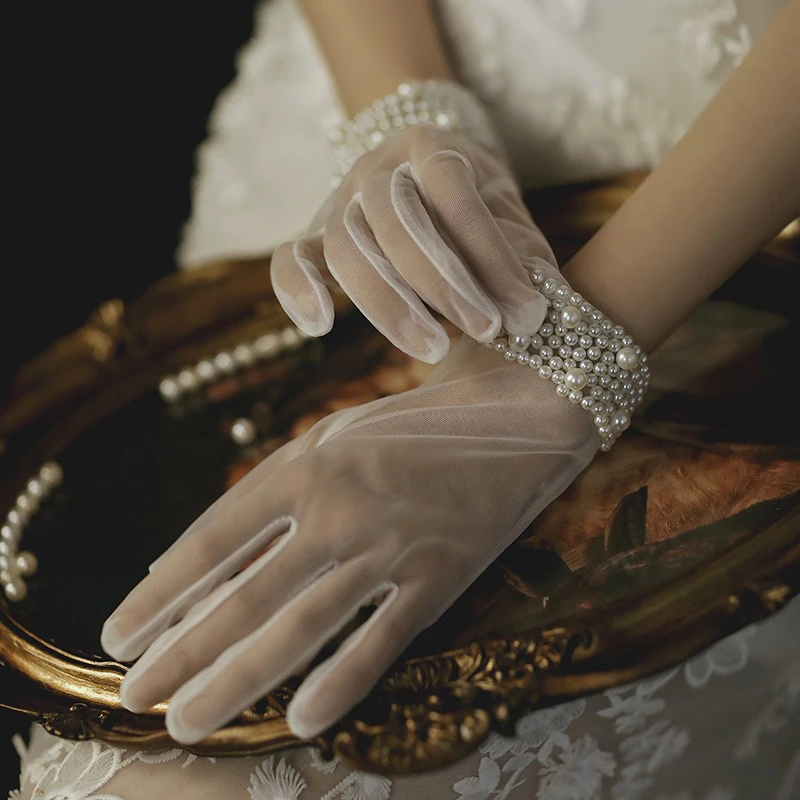

Wedding Bridal Short Gloves Stretch Sheer Tulle Mesh Gloves Short Mesh Gloves Pearl Beaded Bridal Gloves Transparent Party Glove