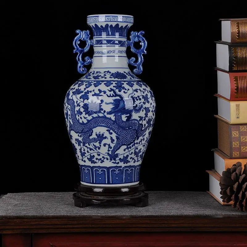 

ceramics Jingdezhen ceramic blue and white dragon vase ornaments binaural living room decoration industrial equipment