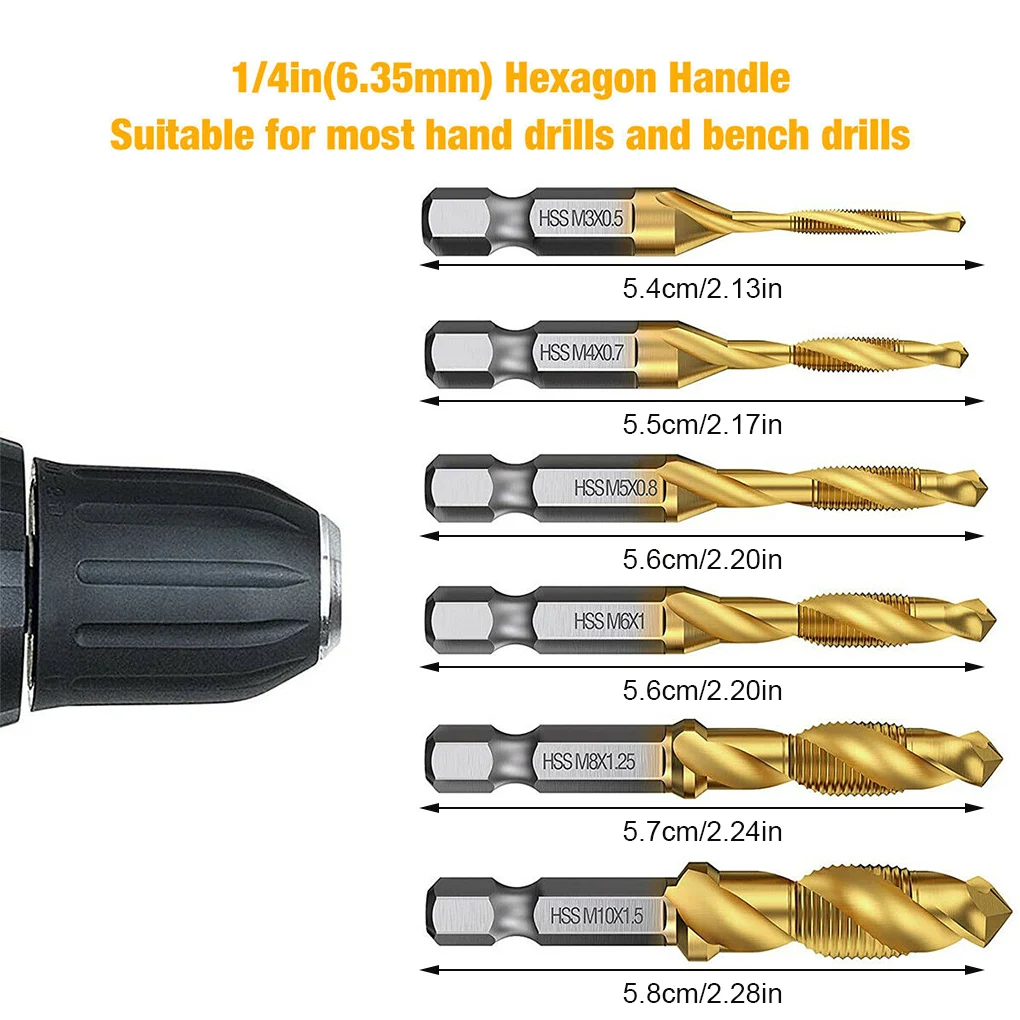 

6 Pieces/set Tap Drill Bits Hex Shank High-speed Steel Screw Thread Tools Kit M3-M10 Hexagonal Countersinking Supplies