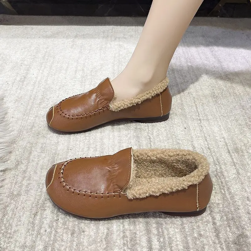 Women's Flats Leather Casual Winter Plush Flat Shoes Loafers Ladies Ankle Boots Warm Non-slip Shoes Girls Soft Moccasin Footwear