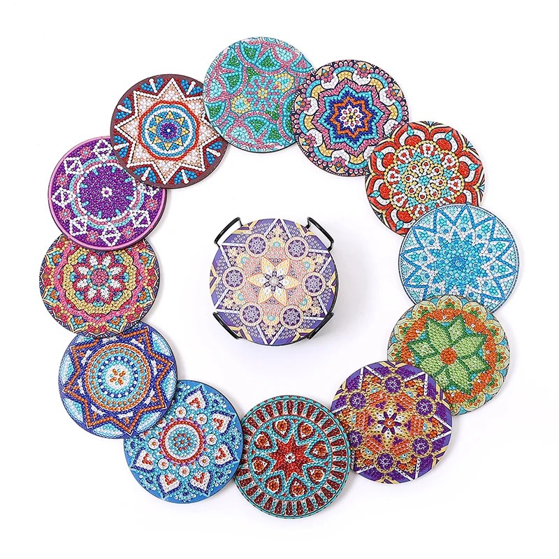 

12pcs Diamond Art Coasters With Holder Diy Mandala Pattern Strong Adhesion Diamond Painting Kits Table Placemat Cup Mat Pad